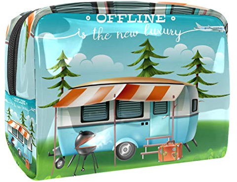 Tragbare Make-up-Tasche mit Reißverschluss, Reise-Kulturbeutel für Damen, praktische Aufbewahrung, Kosmetiktasche, Landschaft und Wohnmobil, mehrfarbig, 18.5*7.5*13cm/7.3*3*5.1in