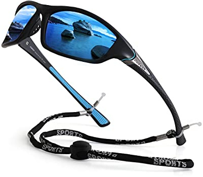 yoofun Sonnenbrille Herren Polarisiert UV400 Schutz zum Fahren Radfahren Golf Fischen Laufen Segeln Skifahren mit Brillenband Sunglass Strap, Schwarz&Gun/Blau