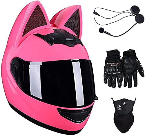 Girl Women Motorcycle Bluetooth Helmet Adult Personalized Cat Ear DOT Certified Full Face Motorbike Helmet with Visor for Street Bike Racing Motocross Red and White C2