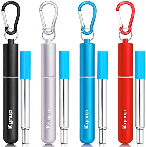 Kynup Paquete de 4 pajitas reutilizables, pajitas de metal con silicona, pajitas de viaje con funda de metal, llavero, cepillos de limpieza, regalos (20 piezas) azul-negro, rojo y plateado