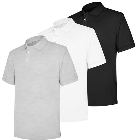 LiKing Pikétröjor för män, bomull, set om 3, pikétröja, män, skjorta, t-shirt, kortärmad skjorta, enfärgad, ledig pikétröja, andningsbar, S, M, L, XL, XXL, 1 x svart / 1 x vit / 1 x grå, XL