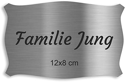 Jung Edelstahl Design Türschild verschiedene Größen und Motive personalisierbar. Briefkastenschild V2a Edelstahl selbstklebend (geschwungen 120x80 mm)