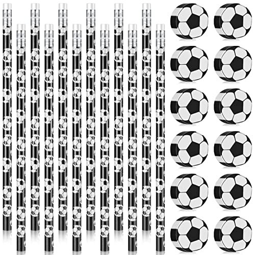 Containlol 12 Stück Fußball Bleistifte und 12 Stück Plastik Fußball Radiergummi Süße Neuheit Fußball Partytütenfüller Kleine Lustige Radierer Sport Radiergummi für Schule Schreibwaren Gastgeschenke