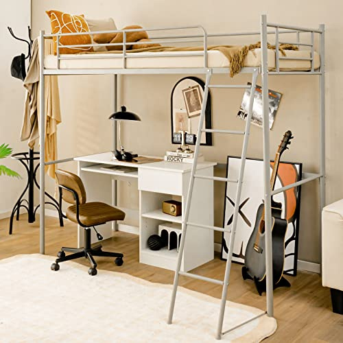 RELAX4LIFE Metal Loft Bed Frame, Single Bunk Bed High Sleeper with Ladder & Safety Guardrail, Space-Saving High Bed Loft Sleeper for Kids Teens Adults (Silver)