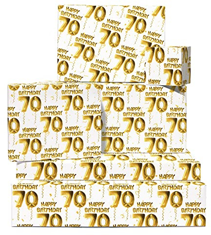 Central 23 Geschenkpapier in Gold und Weiß – 6 Bögen mit Anhängern – Alter 70 – für Männer und Frauen – Geschenkpapier zum 70. Geburtstag – Luftballons