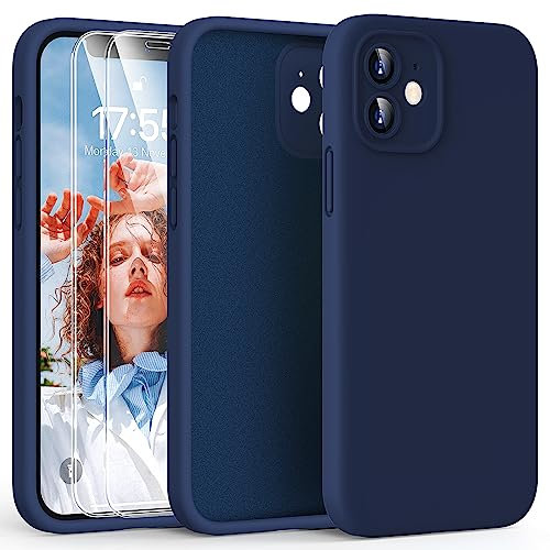 HATOSHI 3-in-1 iPhone 12 Hülle mit 2 Stück Schutzglas, Flüssig Silikon Anti-Rutsch Kratzfestes Stoßfest Handyhülle iPhone 12 Schutzhüll, Navy Blau