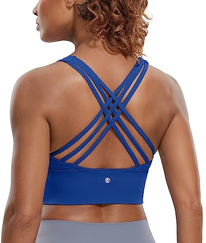 CRZ YOGA Strappy Longline Sport BH för kvinnor - Trådlös vadderad Criss Cross Yoga BH beskurna Tank Tops Vågor blå M