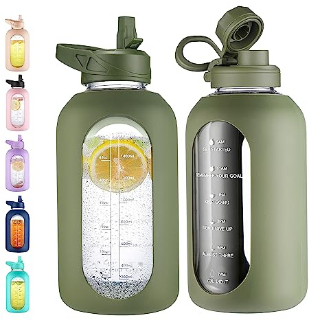 CIVAGO 64 oz Glass Water Bottle Jug with Straw and Handle, Half Gallon Sports Motivational Bottle with Time Marker, Large Flask Canteen with Silicone Sleeve for Gym, Army Green