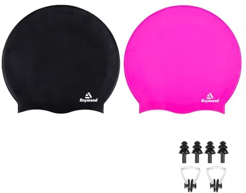 Reymand 2 Pack Extra Große Badekappe Damen Herren für Zöpfe und Dreadlocks, Silikon Schwimmkappe für langes Haar, Webereien, Locken und Afros, Badehaube Bademütze für Erwachsene (Schwarz + Rose)