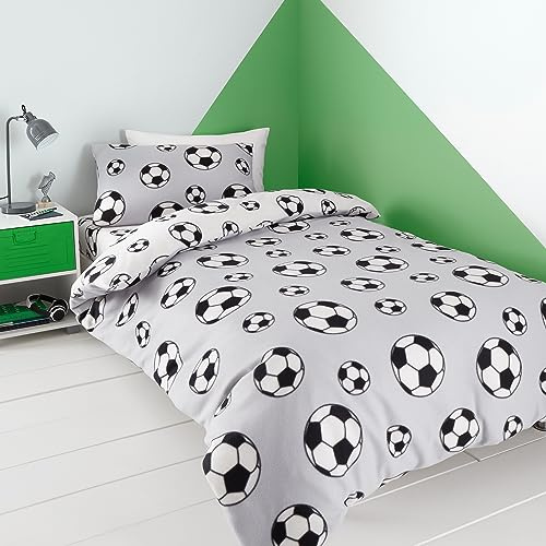Catherine Lansfield Football Fleece Reversible Double Duvet Cover Set with Pillowcases Grey