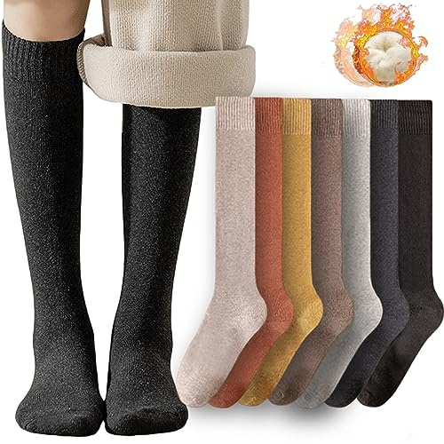 CHUNFO Calcetines térmicos hasta la rodilla para mujer, cálidos, largos, de invierno, de algodón, a media pantorrilla, calcetines de compresión para esquí, 3/7 pares, Paquete de 7, negro, expreso
