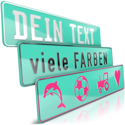 schildEVO 1 Fun-Schild geprägt | Mint-Grün mit Wunschtext bis zu 16 Zeichen | Individuelles Fun-Kennzeichen aus Aluminium | Namensschild | Auto-Kennzeichen | Optional Löcher & Saugnäpfe