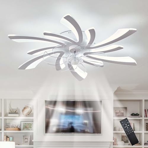 Caufloce LED Lampadario Con Ventilatore Da Soffitto E Telecomando, Grande Fiore Reversibile Dimmerabile Lampadario Ventilatore Moderno Silenzioso Timer Luce Con Ventilatore Cucina Per Salotto-White