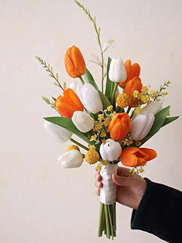 Orangefarbener Hochzeitsstrauß, handgefertigt, künstliche Blumen, Tulpen, Gras, Brautstrauß für Hochzeitsaccessoires (Orange)