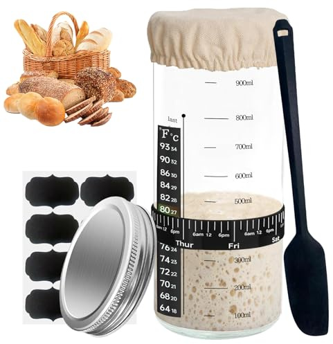 WINUSD Set di base per lievito naturale, 1000 ml, barattolo di vetro con coperchio in alluminio, etichette per lavagne, alimentazione giorno e tempo, termometro, raschietto in silicone, panno cucito
