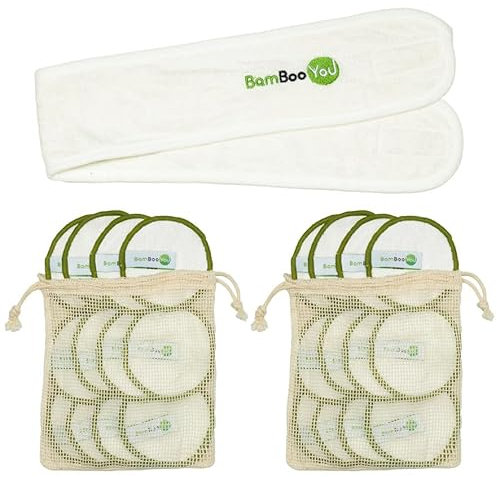 24 pcs Softest Bamboo Reusable Makeup Remover Pads with Cotton Drawstring wash Bags and Amazing Bamboo Makeup Headband to Make Your Beauty Routine Experience Better for All Skin Types.