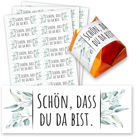 younikat Aufkleber-Set 60 Stk. Eukalyptus Spruch für Küsschen - dv1424 | Schön dass du da bist, Gastgeschenk Hochzeit Taufe Geburtstag, selbstklebend