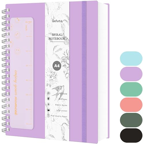Qefuna Cuaderno de Puntos A4,Bullet Dot Journal,Cuaderno de Espiral de 300 Páginas,Papel Antitinta de 100 g/M²,Tapa Dura de PVC,con Regla,Bolsillos Ampliables,Bandas Elásticas,21x 28 cm - Púrpura