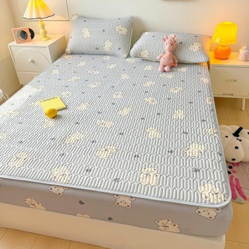FOREPOTY Spannbettlaken Rutschfestem,Coole Sommerbettwäsche aus Latex, Matratzenschoner mit Cartoon-Aufdruck für Kinderzimmer, Bettbezug für Kinderzimmer, Bär 1,150 x 200 cm (1 Stück)