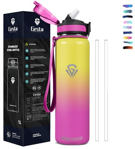 Grsta Trinkflasche 1l, Trinkflasche Edelstahl BPA-Freie, Trinkflasche mit Strohhalm für Kohlensäurehaltige Getränke, Wasserflasche Doppelwandig, für Fitness, Wandern, Camping, Yoga, Fahrrad
