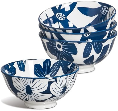 ONEMORE Set di 4 ciotole in ceramica per cereali, 295 ml, ciotole in porcellana blu per dessert, gelato, frutta, antigraffio, utilizzabili in microonde, lavastoviglie e forno, ciotole impilabili