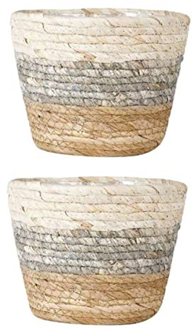 KONTONTY 2er-Set Blumenkörbe Aus Rattan Und Stroh Moderner Bauernhausstil Für Schreibtisch Und Heimdekoration