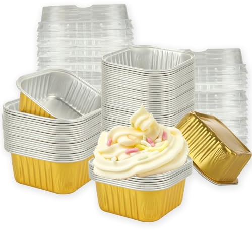 LDXDRU 100 Pack Mini Cake Baking Cups, 175ml / 5oz Square Aluminum Foil Baking Pans with Lids, Small Loaf Boxes Gold Baking Moulds Cupcake Moulds Muffin Cases for Bread Cake Dessert Tart Pie