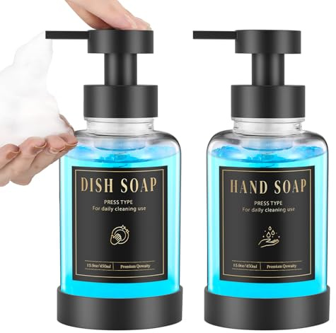 Luxspire Foaming Soap Dispenser, Glass Foam Pump Soap Dispenser, Non-Slip Silicone Sleeve & 5 Waterproof Labels, 15 Oz Refillable Liquid Bottle for Bathroom & Kitchen, Clear, 2 Pack