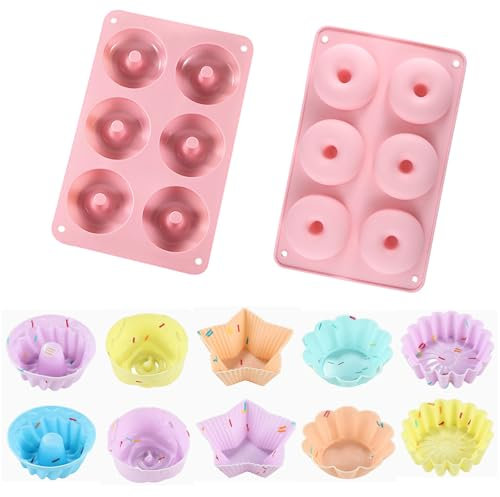 11 Piezas Moldes de Silicona para Donuts y Magdalenas para Tartas, Galletas, Muffins, Flores y Corazones Moldes de Silicona para Donuts, Moldes para Magdalenas, Resistentes al Calor para Hornear