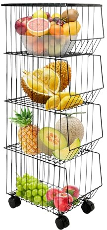 Garbenat Stapelbare Gemüseregal 4 Etagen Obstkorb mit rollen Stapelbarer Gemüse Drahtkörbe 27 x40 cm Metall Obstkorb Gemüsewagen mit Deckel Küchenwagen für Wohnzimmern, Küchen