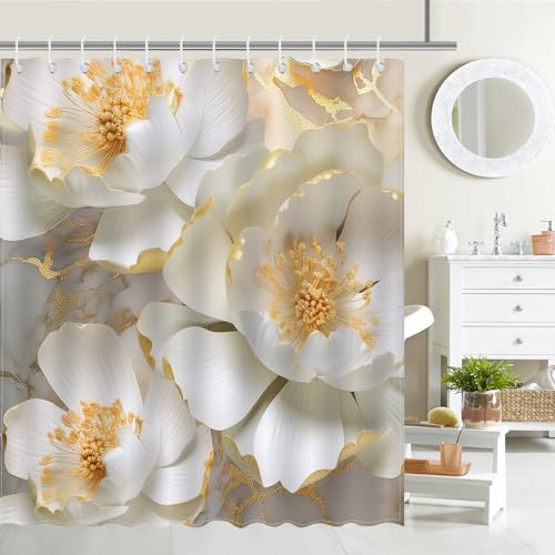 Avezano Floral Shower Curtain Elegant Beige Floral Gold Leaves Bathroom Shower Curtain 3D Floral Modern Aesthetic Waterproof Fabric Shower Curtain Bathtub Decor with 12 Hooks 72 X 72 Inch