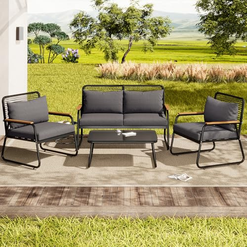 Jtyca Gartenmöbel Set, Lounge Möbel Outdoor für 4 Personen, Garten Lounge Set mit Gestell aus Verzinktem Eisen, 1 Doppelsofa, 2 Einzelsofa, 1 Tisch, Inklusive Aller Sitz und Rückenkissen (Schwarz)