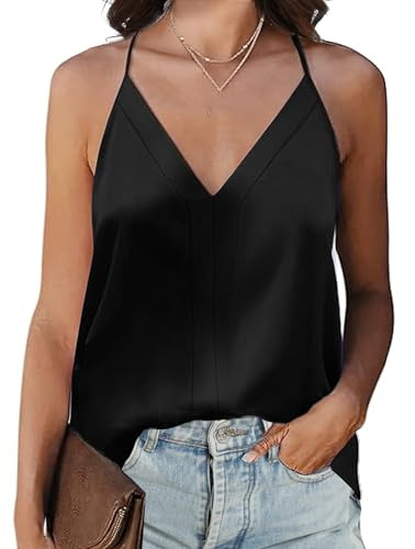 Koerye Canotta da Donna in Raso Elegante Senza Maniche Canotta Casual Scollo a V Basic Canottiera Estiva Camicette Canotta Maglietta Tops Nero,XL
