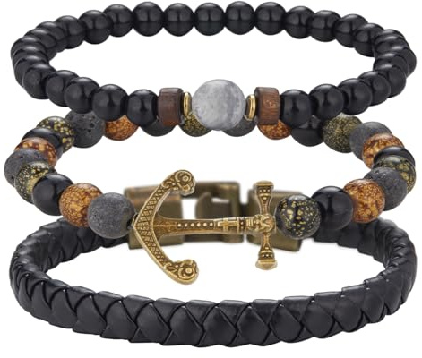 Dazylleco Set di 3 Bracciale da Uomo in Pietre Naturali, Catena Cubana e Corda Regolabile - Regali di Gioielli Fatti a Mano