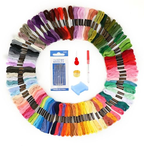 Strehknewen Stickgarn Set 100 Farben, Stickset für Anfänger und Profis, 8 Meter Baumwollgarn, Stickpackung mit DIY Zubehör, Kreuzstich, rotes und buntes Stickgarn