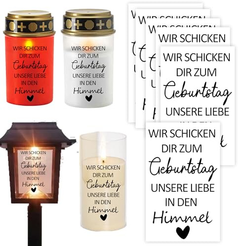 Grabkerzen-Aufkleber Set, Wir schicken dir zum Geburtstag unsere Liebe in den Himmel, 5 x 8 cm, 6 Stück, Friedhofsdekoration Grablichter Friedhofsdeko Grab Sticker