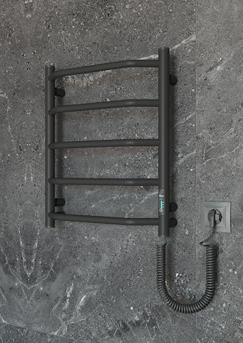 Elna Scaldasalviette Nero - 45W - 500x420mm - Elettrico Compatto - Montaggio a parete - Termostato, Timer & Eco - IP44 - Radiatore bagno - Acciaio inossidabile