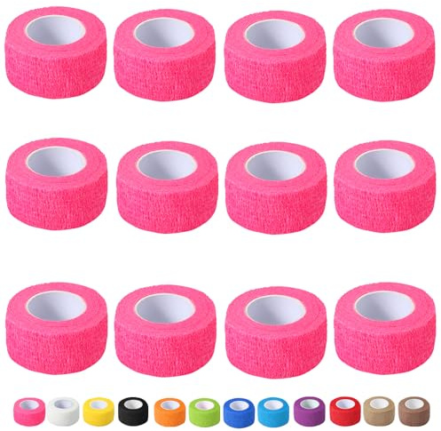 12 Pack Self Adhesive Bandage Wrap, 2.5cm x 4.5m Non-Woven Self Adherent Cohesive Bandage, Vet Wrap Wound Tape for Thumb Finger Wrist Knee Ankle, Pink
