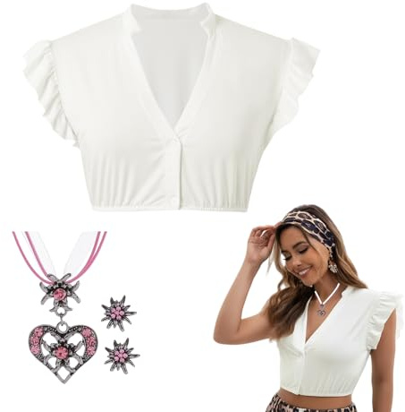 Scinzene Dirndl Bluse Damen Hochgeschlossen Weiß, L Dirndlbluse mit Trachtenkette und Ohrringen, Traditionelle Trachtenbluse Kurzarm