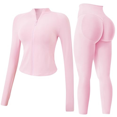 JN JANPRINT Set da 2 pezzi da donna per palestra, tuta da ginnastica, tuta da yoga, a manica lunga, abbigliamento sportivo, top con zip, leggings da allenamento, abbigliamento fitness, rosa, XS