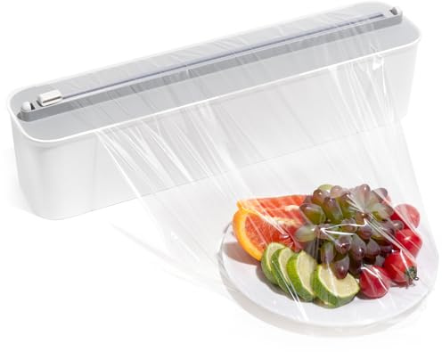 Quasziwa Frischhaltefolienspender mit Cutter - Magnetische & Klebebefestigung ohne Bohren, Folienschneider für Frischhaltefolie & Alufolie, Folienspender Schublade - Küchenorganizer bis 300m, Weiß
