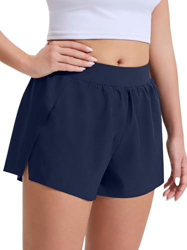 LUWELL PRO Pantalones cortos de correr para mujer con forro de cintura media con abertura lateral alta, para gimnasio, deportes, entrenamiento, secado rápido, ligeros, azul marino, XL