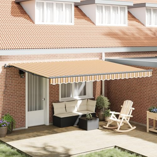 Qnhdfrt Auvent manuel à bras articulés, jaune, gris, blanc, rayé, 450 x 300 cm, protection solaire extensible pour balcon, terrasse, jardin avec polyester robuste