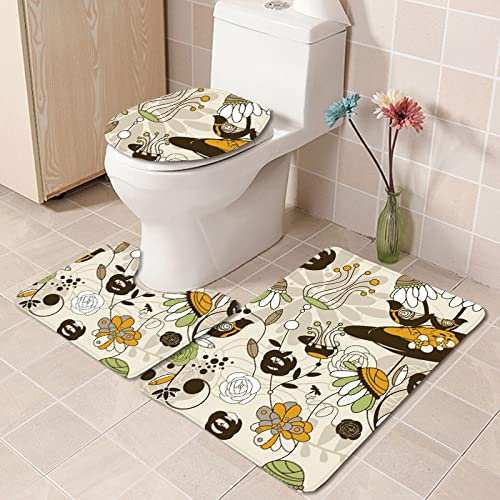 Badezimmermatte Orange Grün Blumen rutschfeste Badmatte Waschbar Bath Mat Bad Vorleger Memory Schaum Badezimmerteppich U förmige WC Teppich Badteppich Set 45x75 cm
