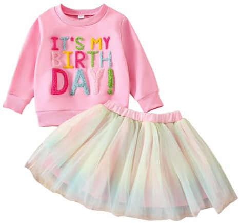 LUVCES Vestito per Compleanno Bambina Lettere Ricamo Maglietta +Colorito Tutù Gonna in Tulle 2Pcs Autunnali Vestiti Set per Compleanno Bambini Bambine Maniche lunghe rosa 1-2 Anni