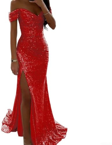 Elegante vestido largo para mujer con lentejuelas y cuello en V para ocasiones de fiesta (XL rojo)
