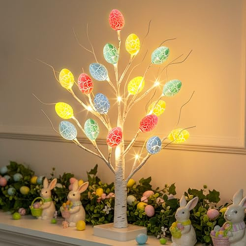 PEIDUO Easter Decorations, 22 inch Easter Tree with 24 LED Warm White, Battery Powered Egg Tree for Spring Home Table Decor