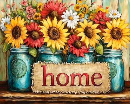 Malen nach Zahlen Erwachsene HOME mit Blumen auf Leinwand 40x50 cm | Paint by Numbers Set zur Entspannung, DIY Wanddekoration, für Anfänger, als Geschenk