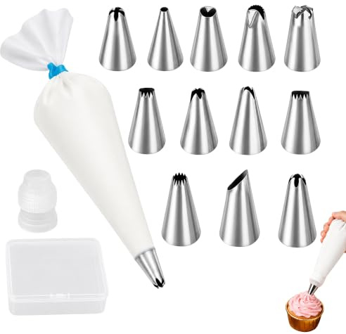 12-Teiliges Edelstahl Spritztüllen Set Mit Wiederverwendbarem Spritzbeutel, Vielseitiges Backzubehör Für Kuchen, Cupcakes Und Kekse, Präzise Tüllen Für Feine Dekorationen