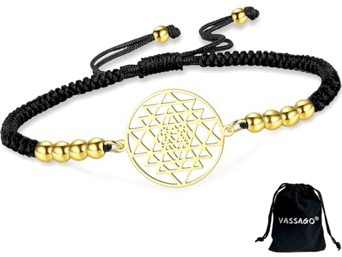 VASSAGO Sri Yantra chakra armband för kvinnor män handgjorda justerbara Yantra flätat rep sträng armband helig geometri hinduism symbol amulett yoga meditation smycken, Rostfritt stål, Ingen ädelsten